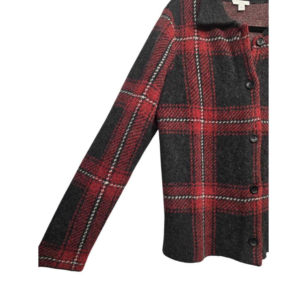 J Jill Red Black Plaid Wool Blend cardigan S jacket Cozy Cottagecore Preppy Fall - Picture 9 of 10